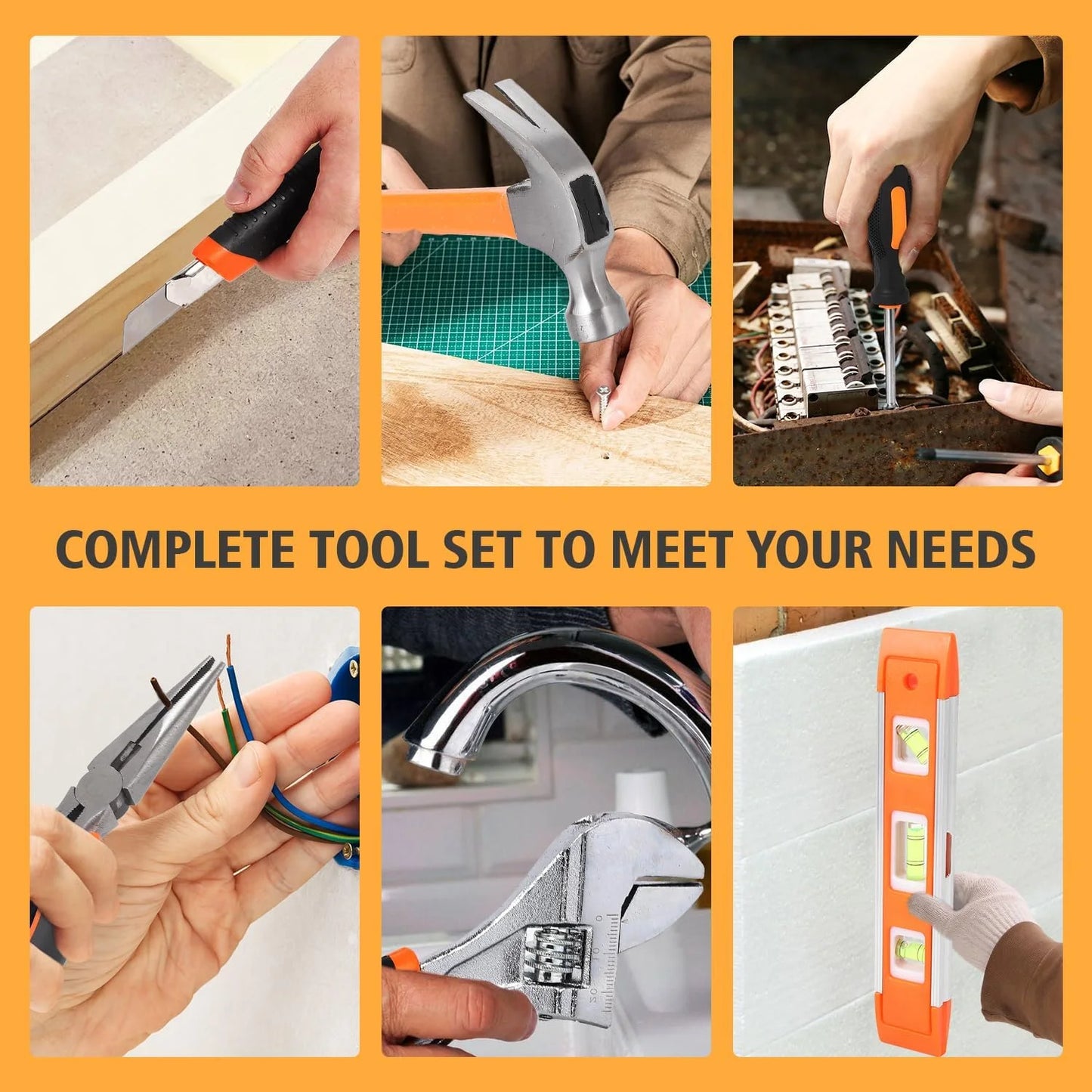 247-Piece Household Hand Tool Kit – General Home and Auto Repair Set with Portable Storage Case (Black + Orange)