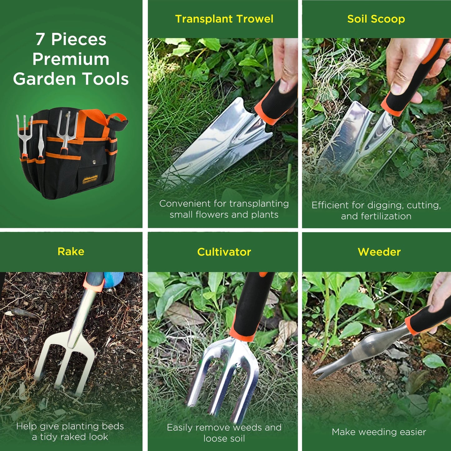 7-Piece Stainless Steel Gardening Tool Set with Foldable Stool and Detachable Carrying Bag – Orange