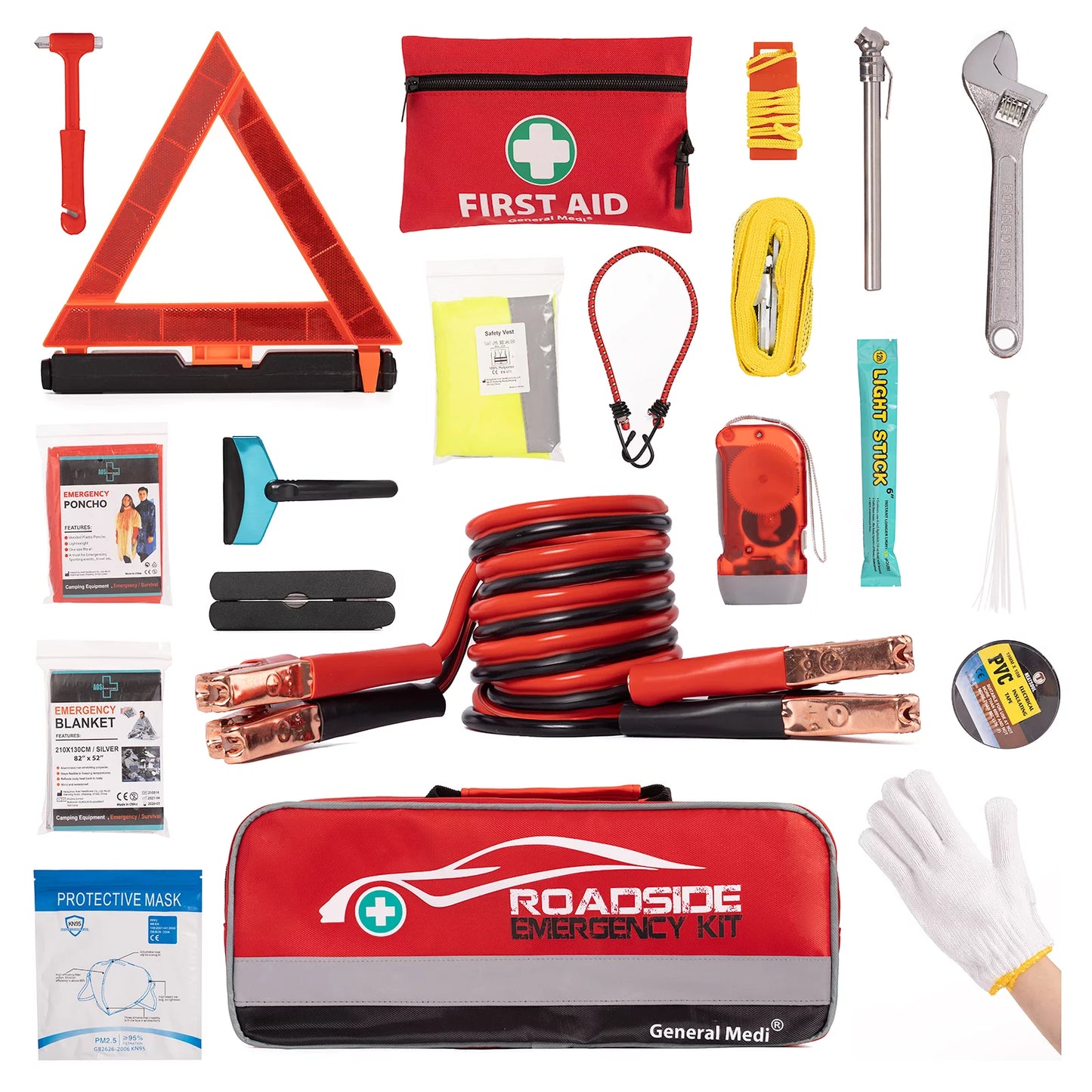 127-Piece Emergency Roadside Kit with Jumper Cables, Tow Rope, Mini First Aid Kit & Safety Tools