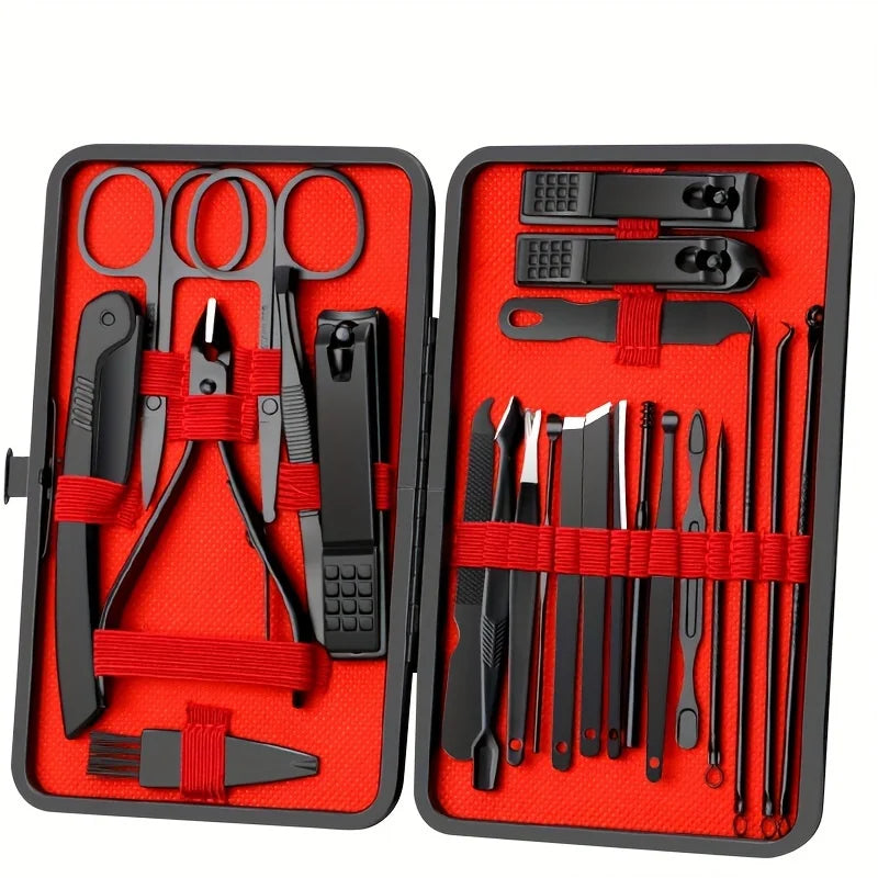 7–24 Piece Stainless Steel Manicure & Pedicure Kit – Professional Nail Grooming Set with Black Leather Travel Case