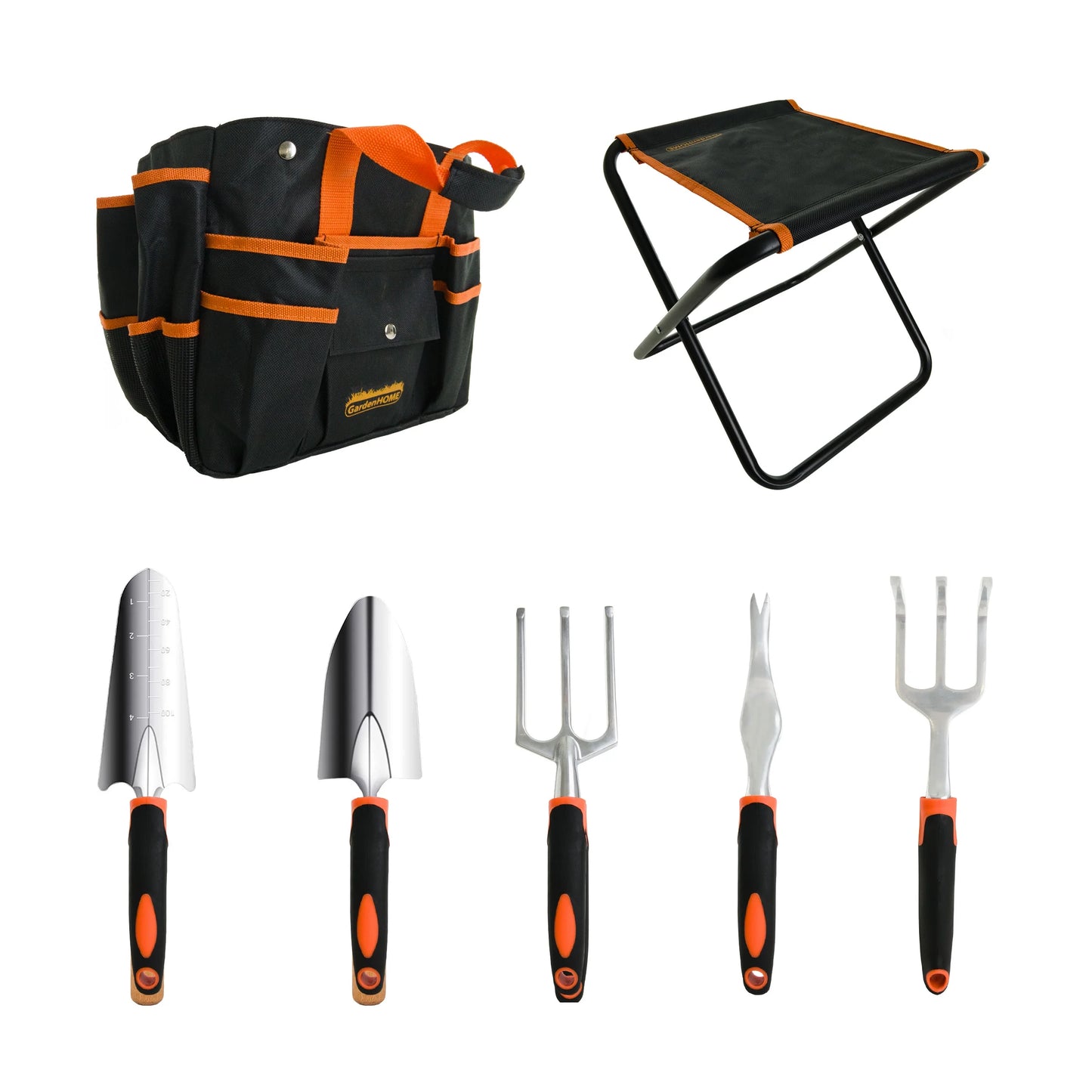 7-Piece Stainless Steel Gardening Tool Set with Foldable Stool and Detachable Carrying Bag – Orange