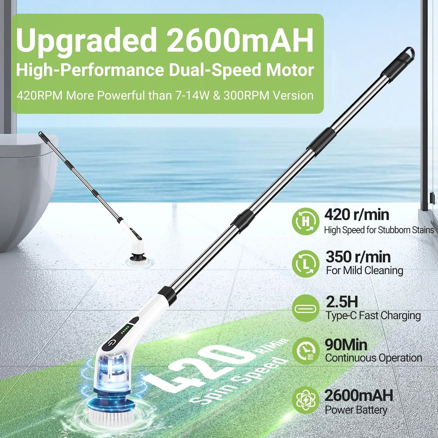 Electric Spin Scrubber Kit – Cordless Power Brush with 8 Replaceable Heads & Long Handle (12–54in), IPX7 Waterproof, 2 Speeds
