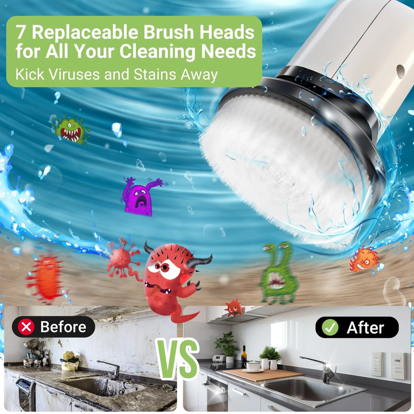 Electric Spin Scrubber Kit – Cordless Power Brush with 8 Replaceable Heads & Long Handle (12–54in), IPX7 Waterproof, 2 Speeds