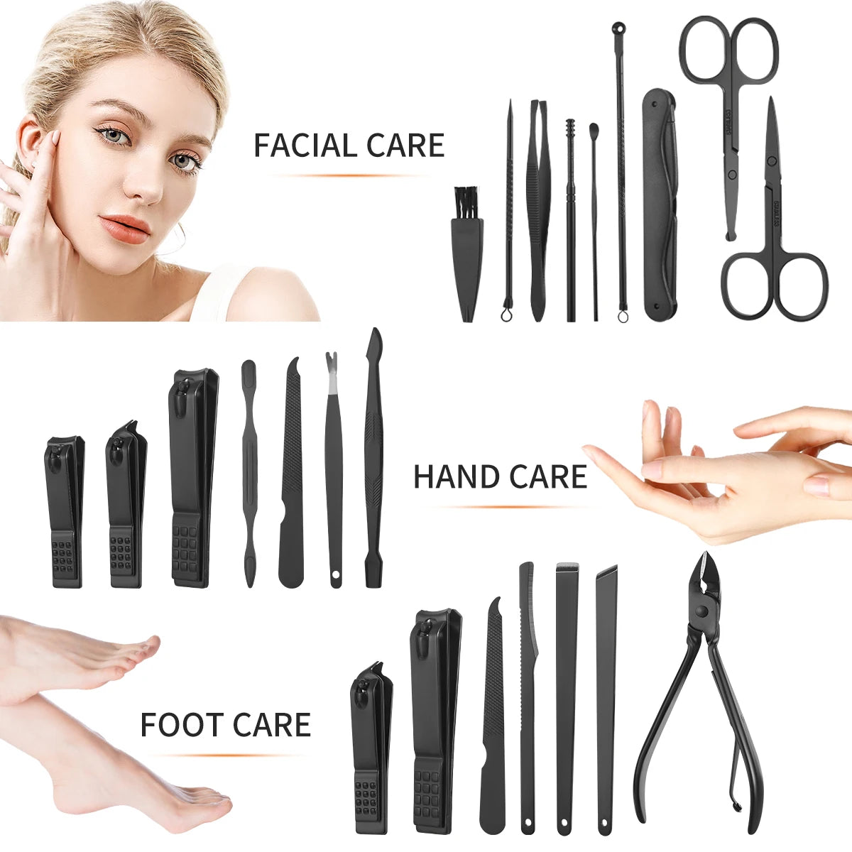 7–24 Piece Stainless Steel Manicure & Pedicure Kit – Professional Nail Grooming Set with Black Leather Travel Case