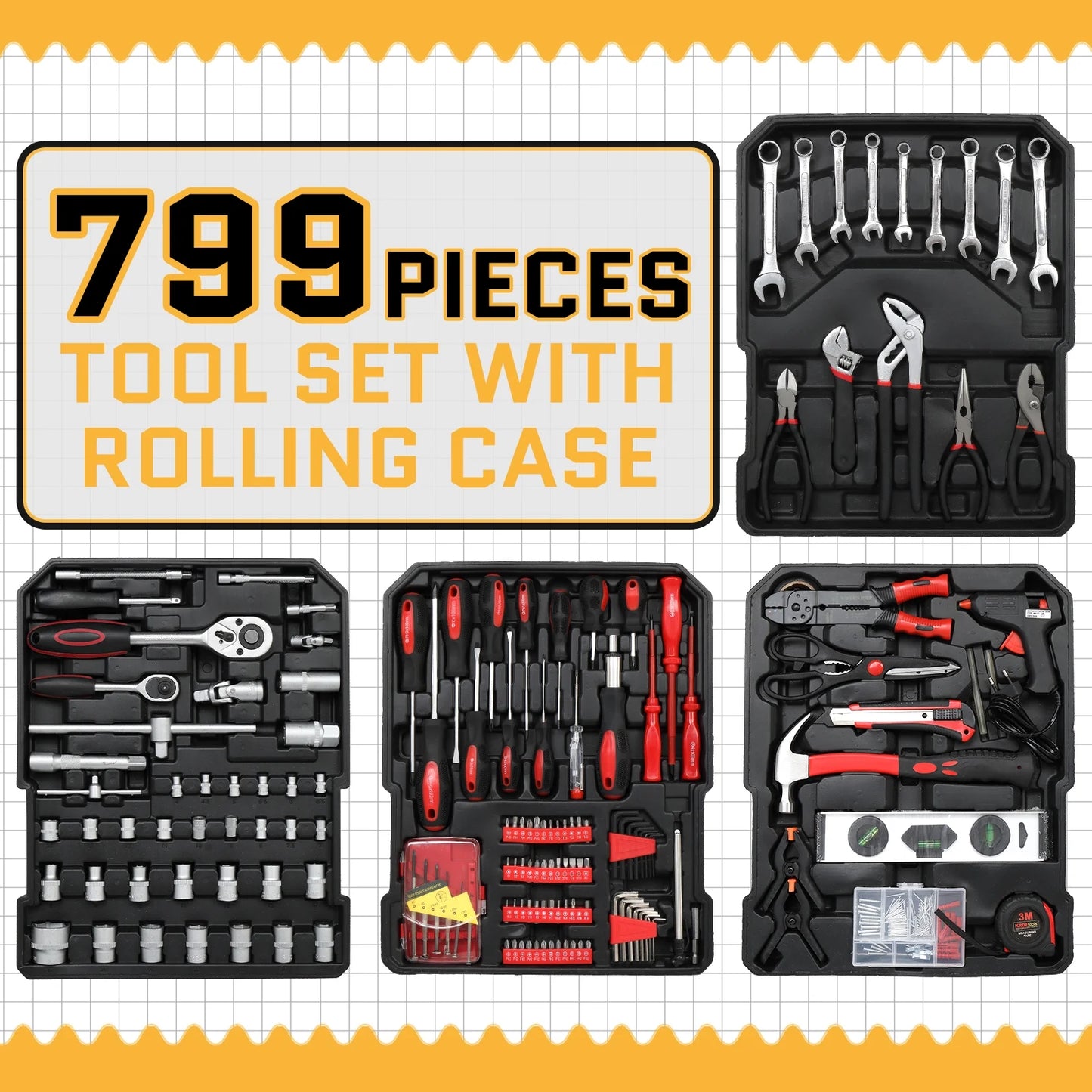 799-Piece Household & Mechanics Tool Set with Rolling Trolley Case – Silver