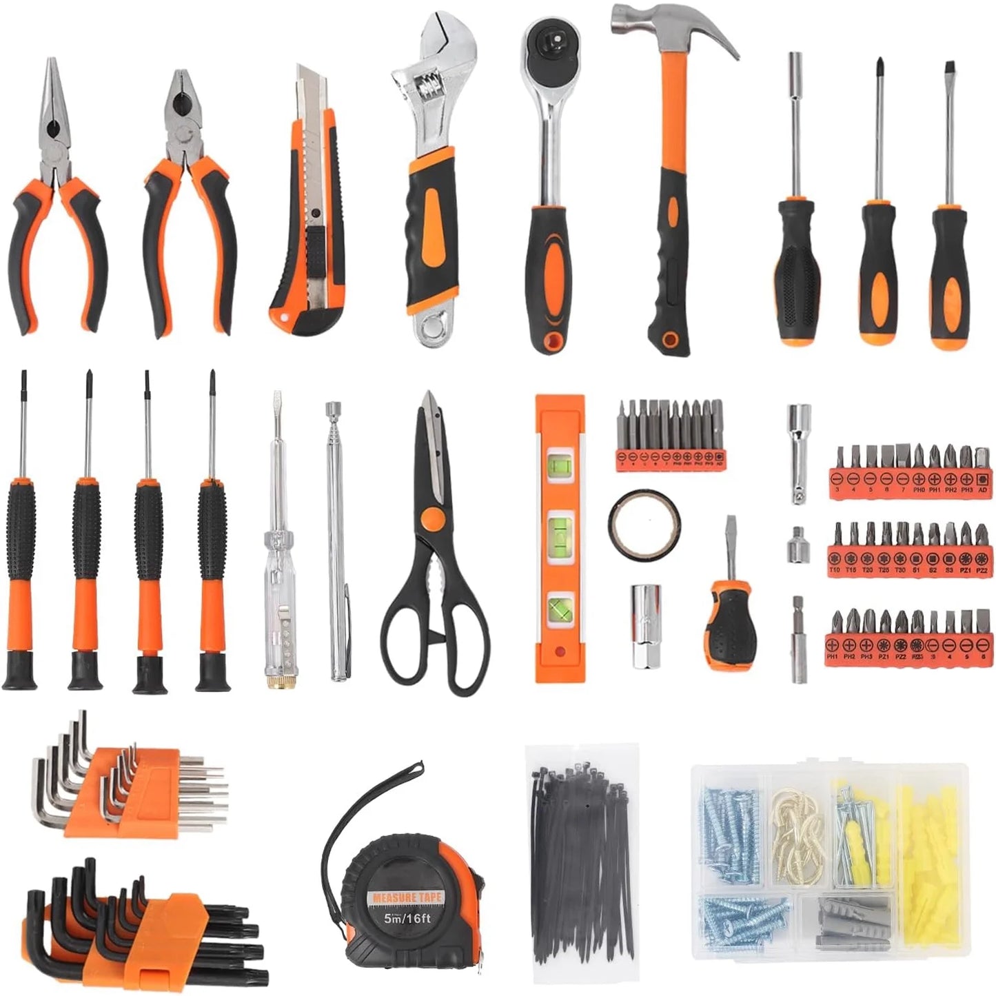 247-Piece Household Hand Tool Kit – General Home and Auto Repair Set with Portable Storage Case (Black + Orange)