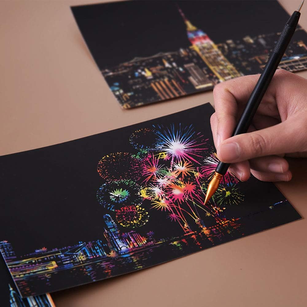Scratch Art Kit β 12 Rainbow Scratchboard Postcards with 4 Tools, DIY Cityscape Art for Adults & Kids