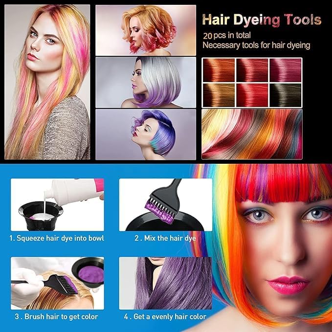20-Piece Hair Dye Coloring Kit – Professional Hair Tinting Bowls, Brushes, Gloves & Accessories for DIY and Salon Use