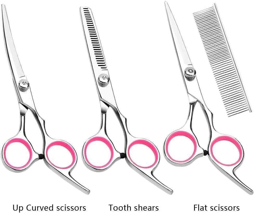 Professional Pet Grooming Scissors Kit – Straight, Curved, Thinning Shears & Comb with Case (Stainless Steel)