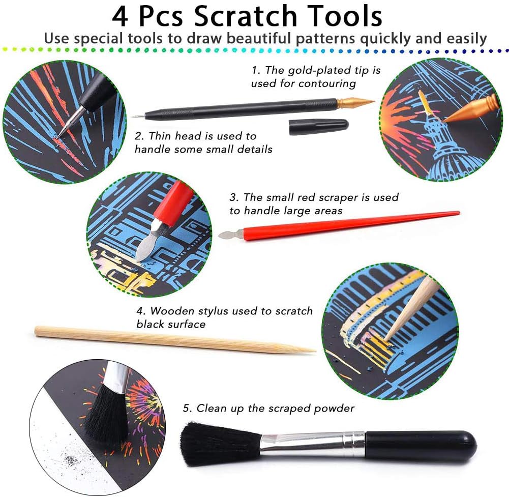Scratch Art Kit β 12 Rainbow Scratchboard Postcards with 4 Tools, DIY Cityscape Art for Adults & Kids