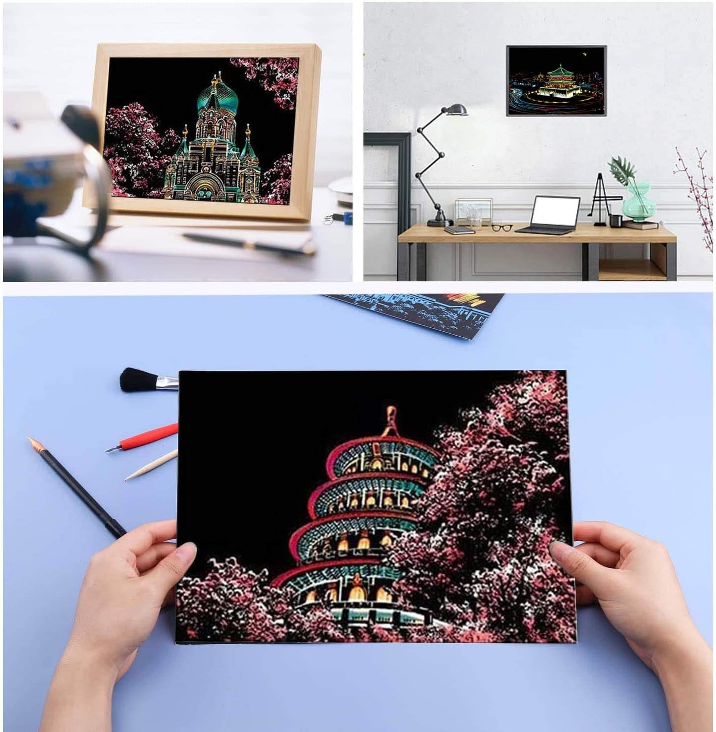 Scratch Art Kit β 12 Rainbow Scratchboard Postcards with 4 Tools, DIY Cityscape Art for Adults & Kids