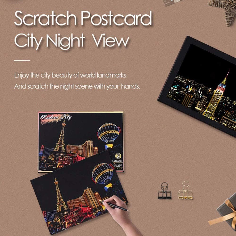Scratch Art Kit β 12 Rainbow Scratchboard Postcards with 4 Tools, DIY Cityscape Art for Adults & Kids