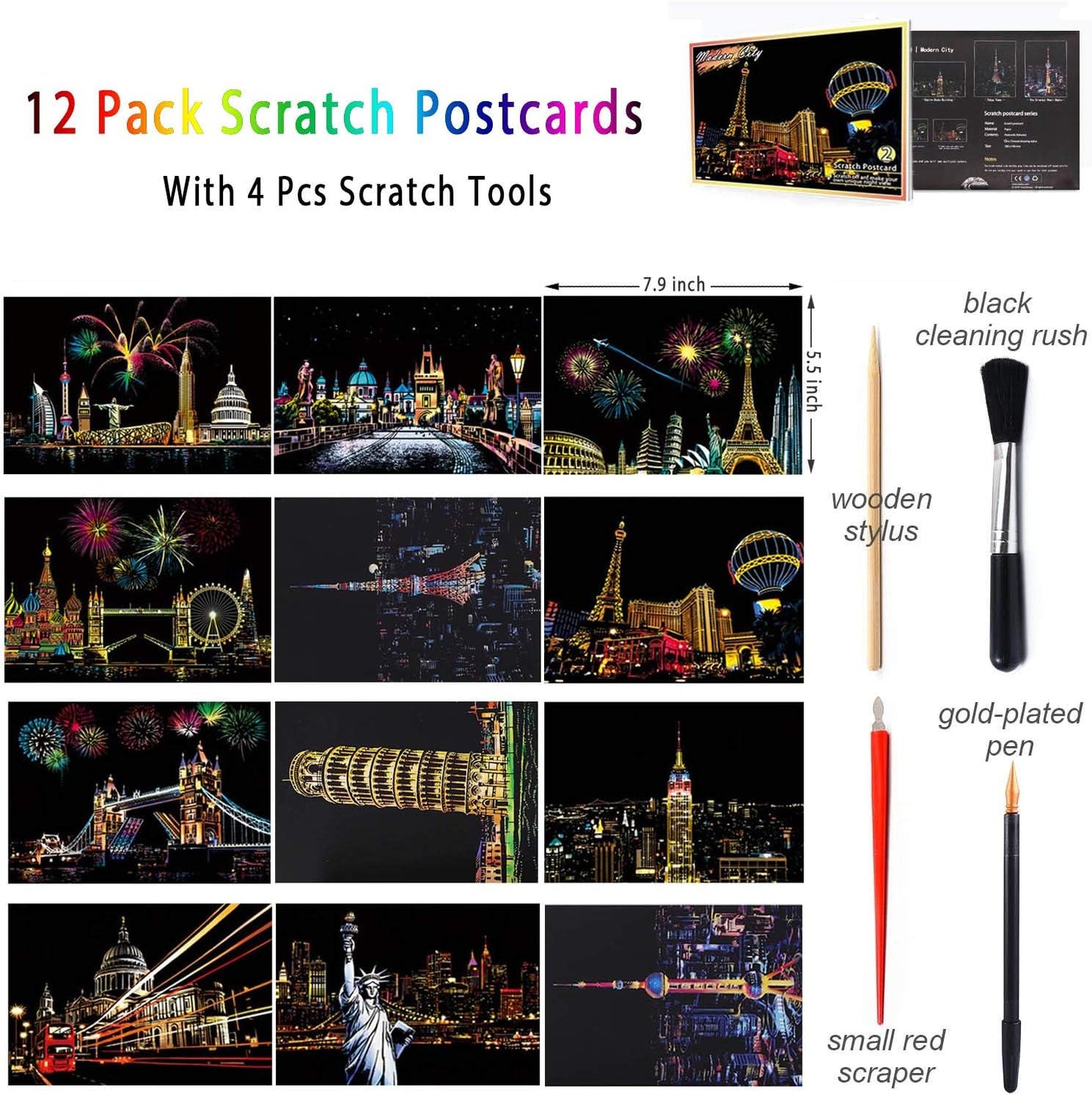 Scratch Art Kit β 12 Rainbow Scratchboard Postcards with 4 Tools, DIY Cityscape Art for Adults & Kids