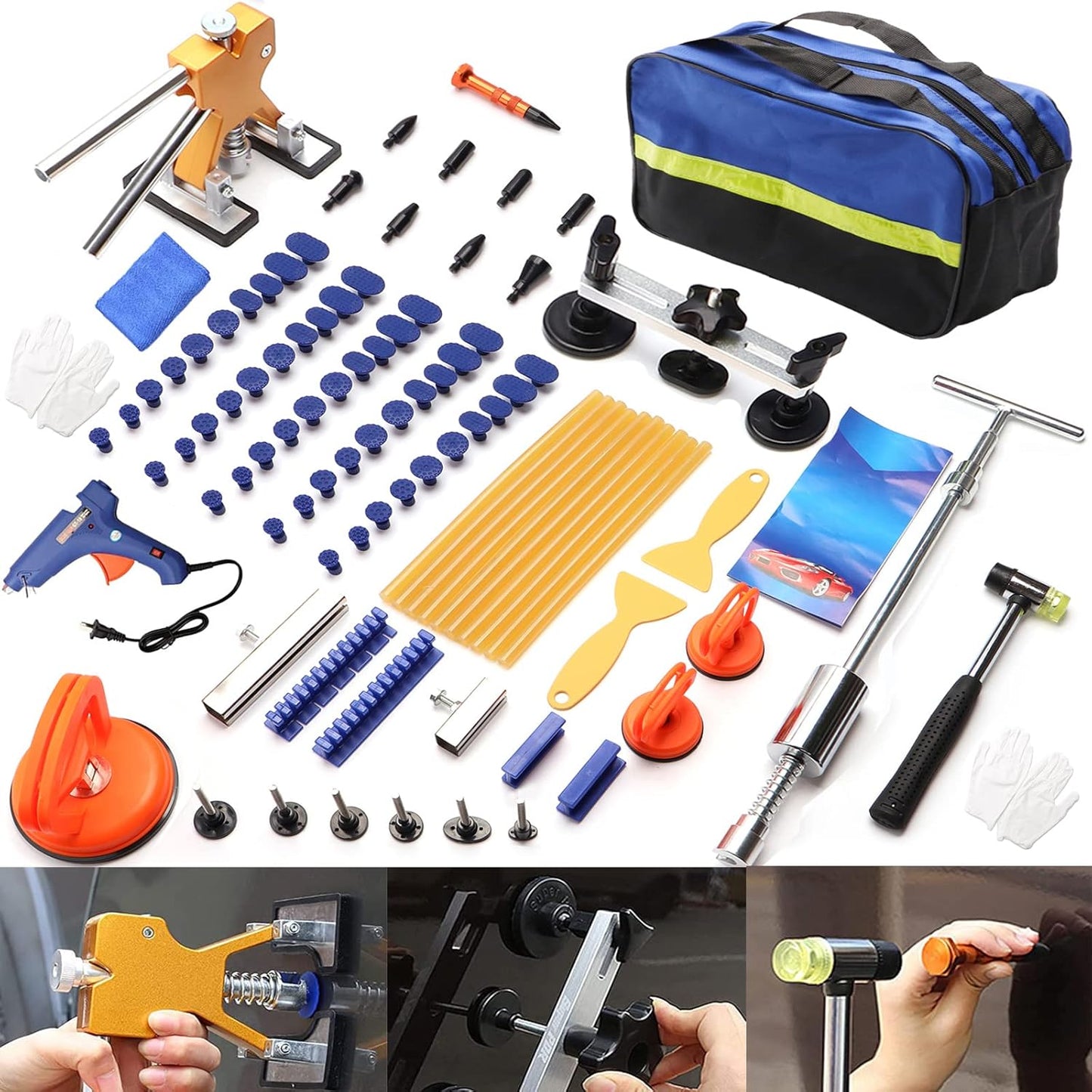 Car Dent Puller Kit – 97PCS Paintless Dent Repair Set with Golden Lifter, T-Bar & Bridge Puller for Car, SUV, RV, Truck
