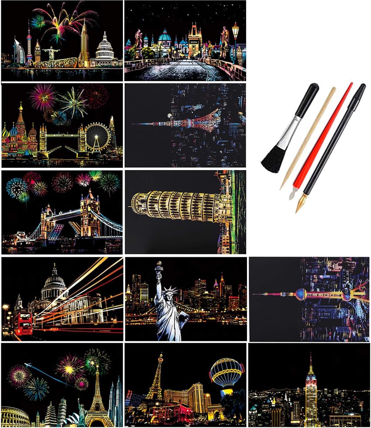 Scratch Art Kit β 12 Rainbow Scratchboard Postcards with 4 Tools, DIY Cityscape Art for Adults & Kids