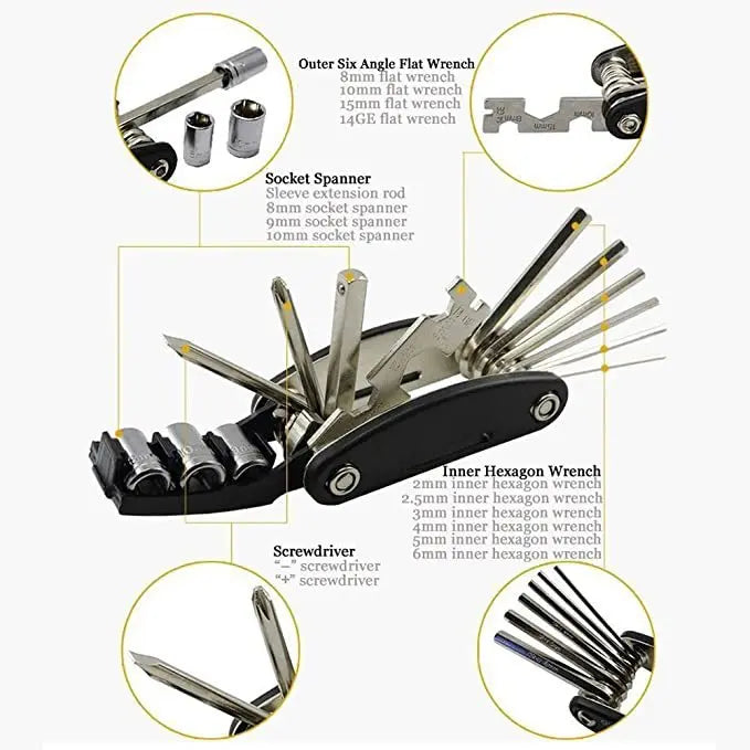 Bike Repair Tool Kit with 16-in-1 Multitool, Tire Levers, Patches & Portable Tool Bag