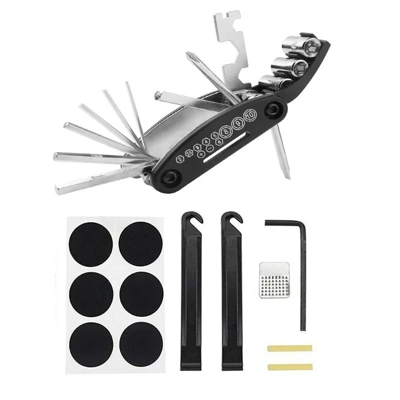 Bike Repair Tool Kit with 16-in-1 Multitool, Tire Levers, Patches & Portable Tool Bag
