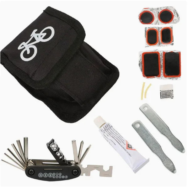 Bike Repair Tool Kit with 16-in-1 Multitool, Tire Levers, Patches & Portable Tool Bag
