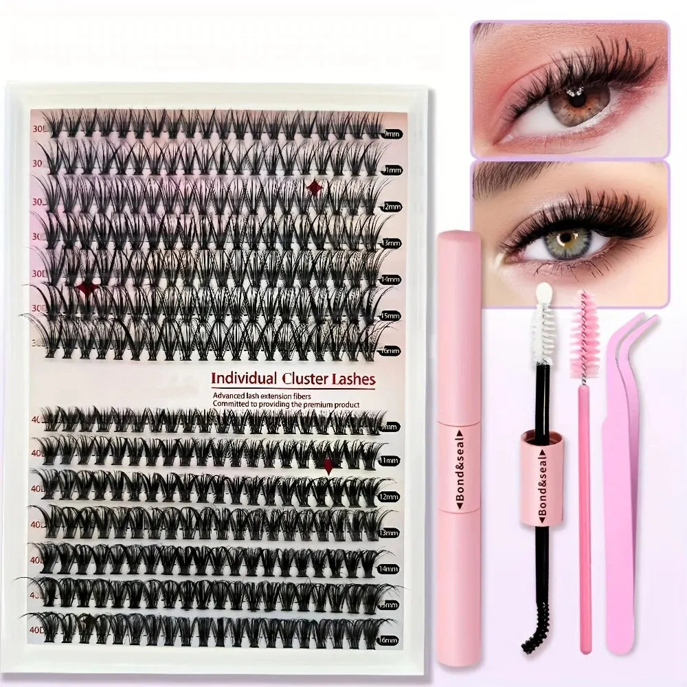 640PCS Eyelash Extension Kit – D Curl Lash Clusters (9–16mm) with Bond & Seal, Tweezers & Brushes