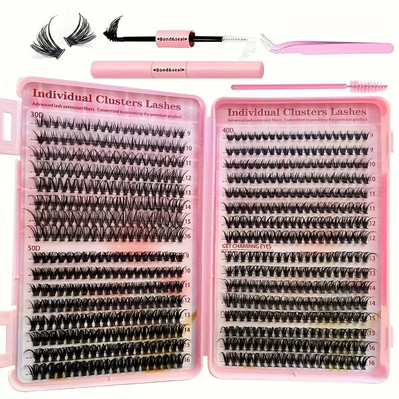 640PCS Eyelash Extension Kit – D Curl Lash Clusters (9–16mm) with Bond & Seal, Tweezers & Brushes