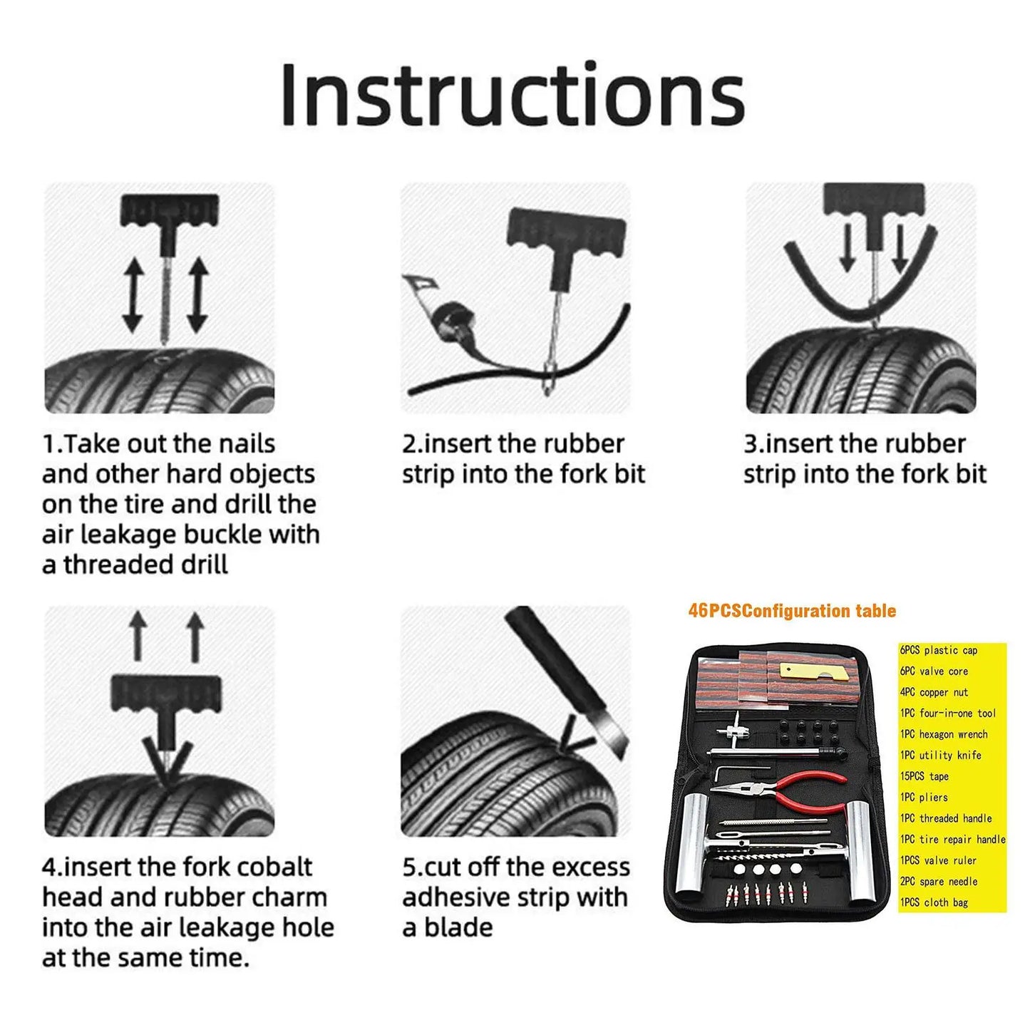 46Pcs Emergency Tire Repair Kit Car Tire Repair Tool Tire Repair Kit Auto Bike Tire Repair Puncture Plug Garage Car Accessories