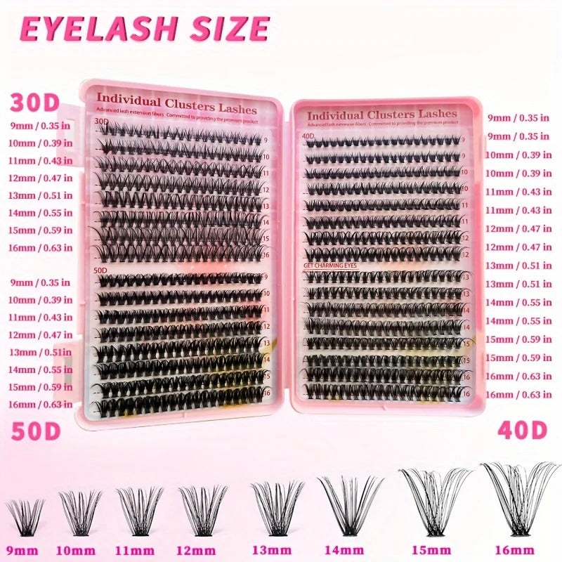 640PCS Eyelash Extension Kit – D Curl Lash Clusters (9–16mm) with Bond & Seal, Tweezers & Brushes