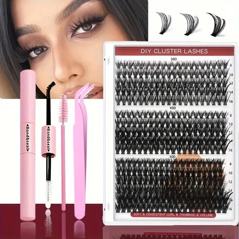 640PCS Eyelash Extension Kit – D Curl Lash Clusters (9–16mm) with Bond & Seal, Tweezers & Brushes