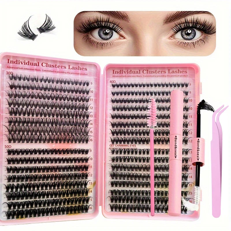 640PCS Eyelash Extension Kit – D Curl Lash Clusters (9–16mm) with Bond & Seal, Tweezers & Brushes