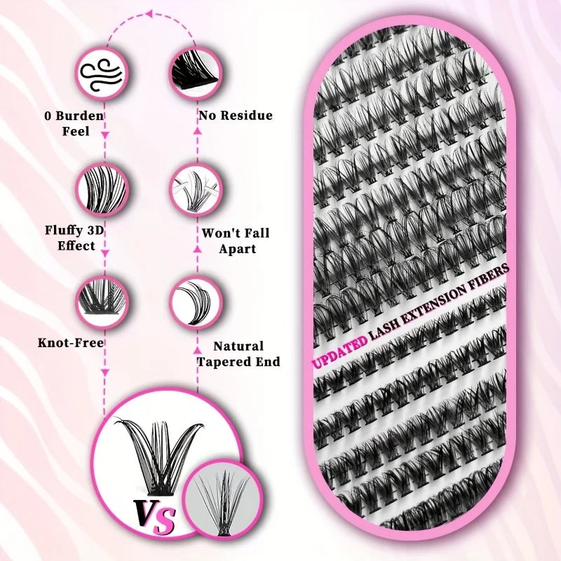 640PCS Eyelash Extension Kit – D Curl Lash Clusters (9–16mm) with Bond & Seal, Tweezers & Brushes