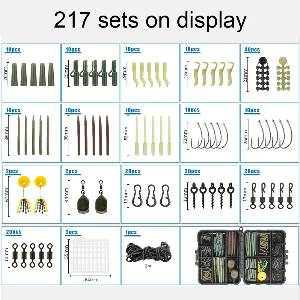 217-Piece Carp Fishing Kit – Swivels, Clips, Tail Sleeves & Terminal Tackle Set with Compact Box for Rig Setup