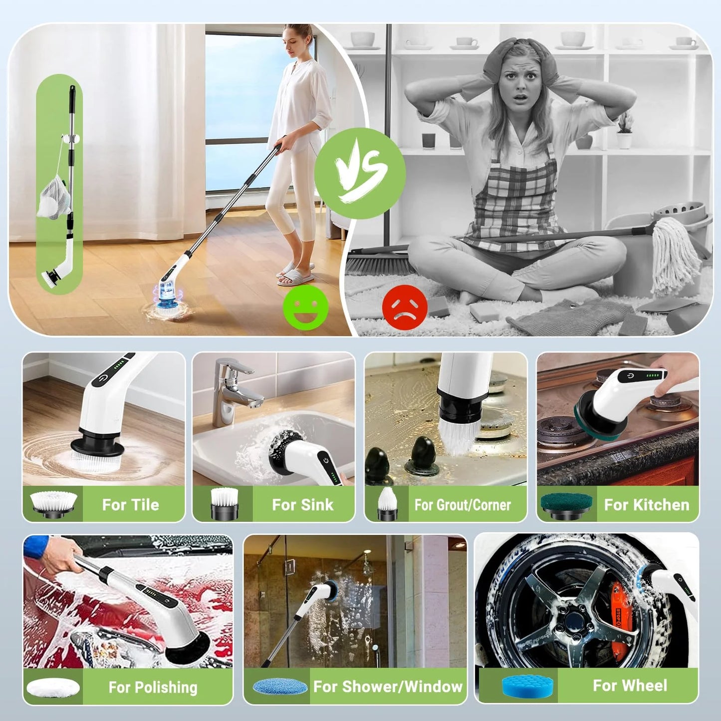 Electric Spin Scrubber Kit – Cordless Power Brush with 8 Replaceable Heads & Long Handle (12–54in), IPX7 Waterproof, 2 Speeds