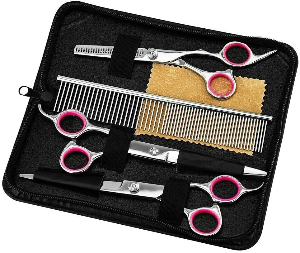 Professional Pet Grooming Scissors Kit – Straight, Curved, Thinning Shears & Comb with Case (Stainless Steel)