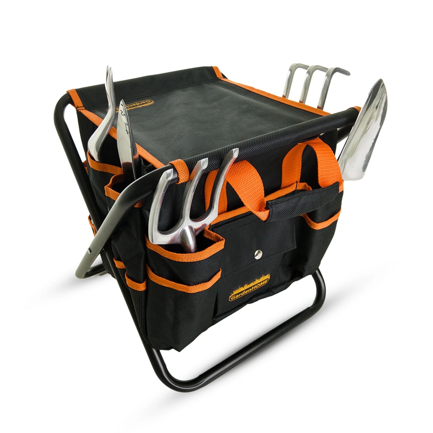 7-Piece Stainless Steel Gardening Tool Set with Foldable Stool and Detachable Carrying Bag – Orange
