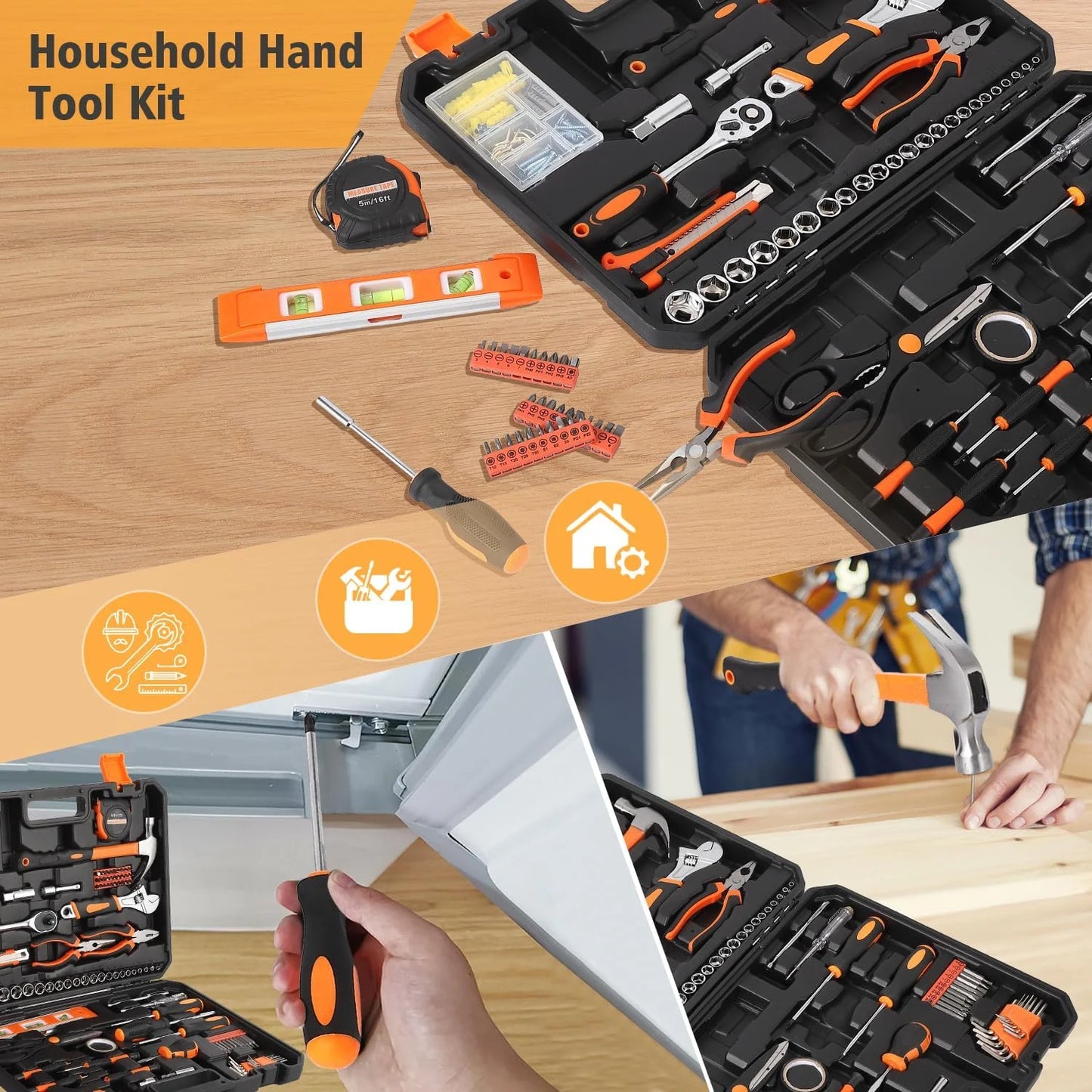 247-Piece Household Hand Tool Kit – General Home and Auto Repair Set with Portable Storage Case (Black + Orange)