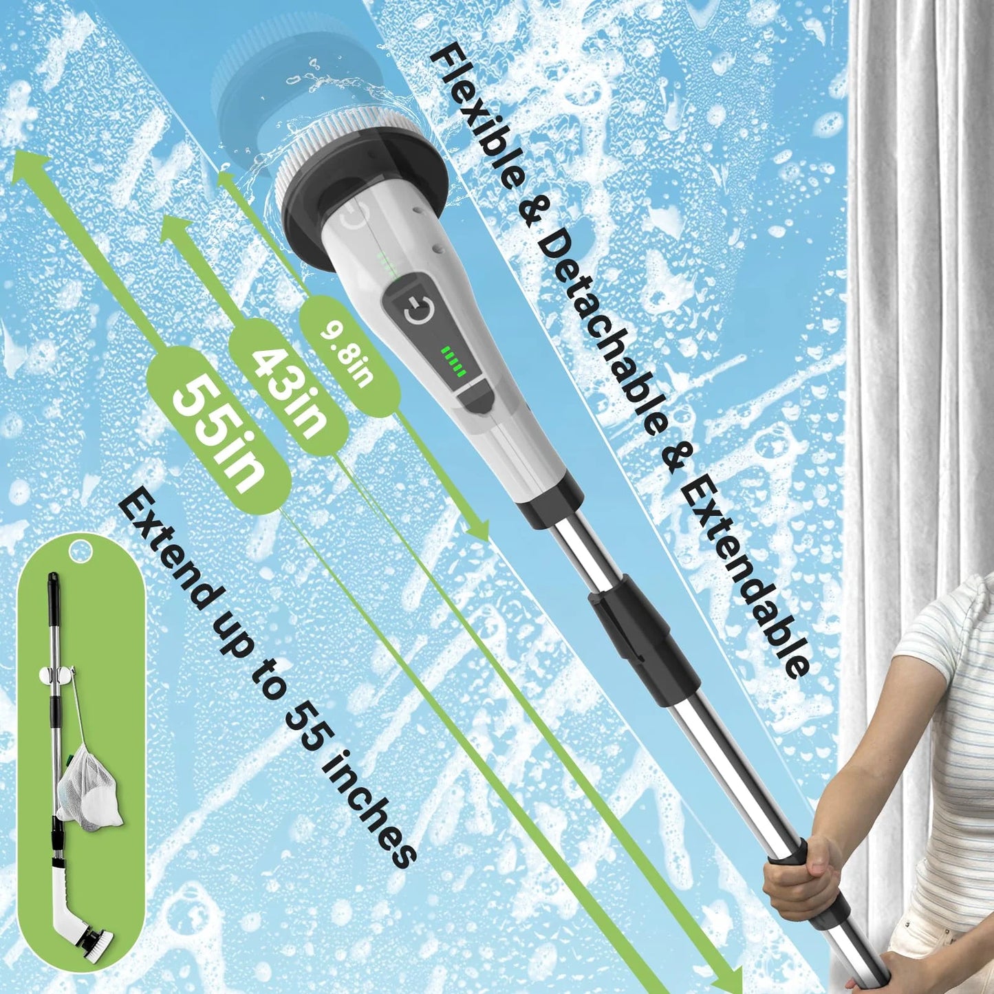 Electric Spin Scrubber Kit – Cordless Power Brush with 8 Replaceable Heads & Long Handle (12–54in), IPX7 Waterproof, 2 Speeds