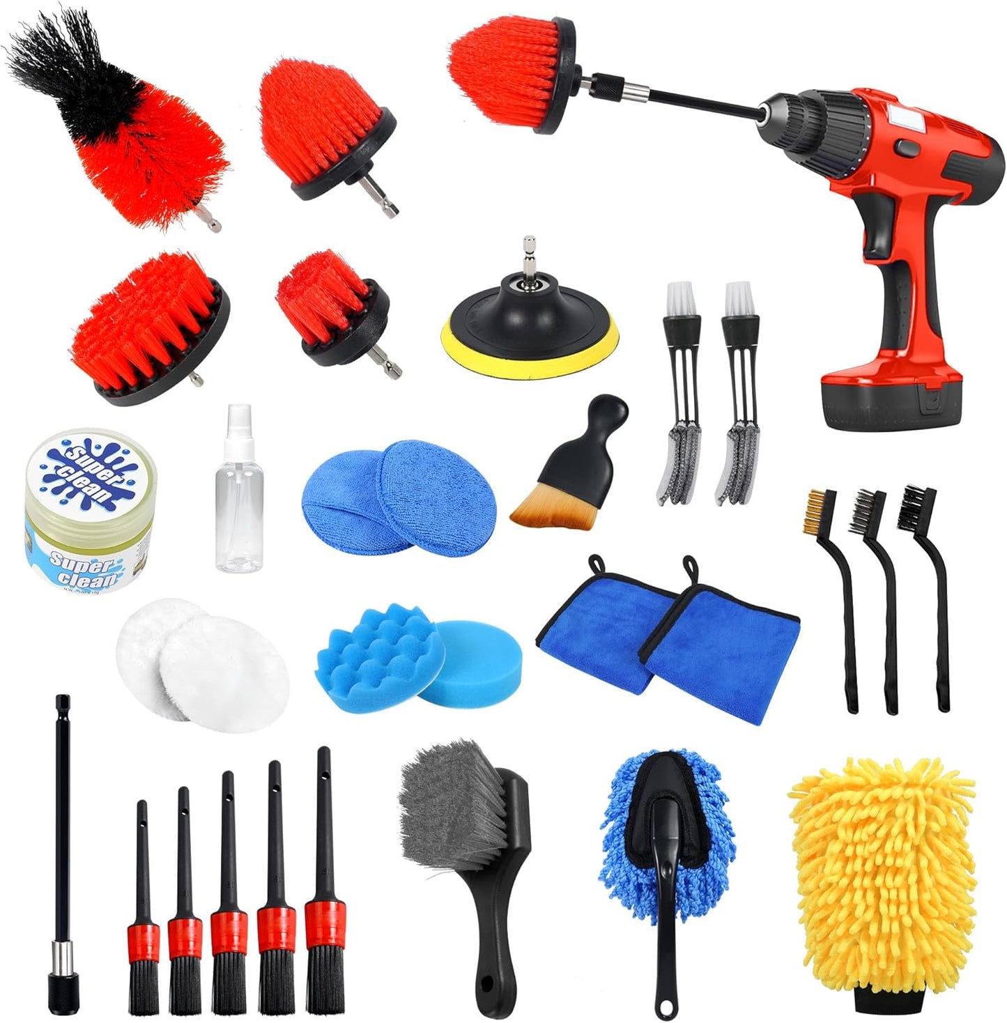 30-Piece Car Detailing Brush Set – Complete Interior & Exterior Cleaning Kit with Drill Brush Attachments
