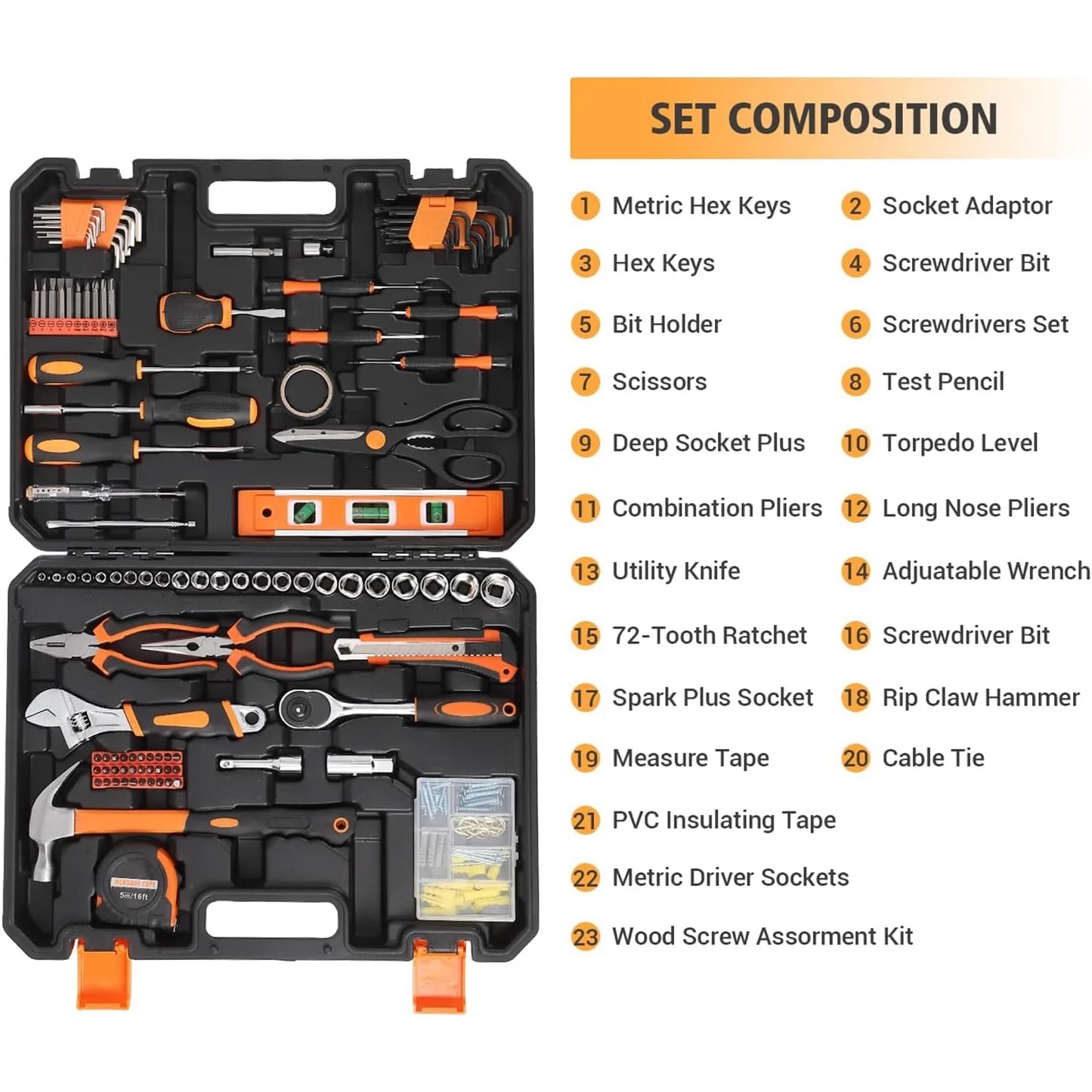 247-Piece Household Hand Tool Kit – General Home and Auto Repair Set with Portable Storage Case (Black + Orange)