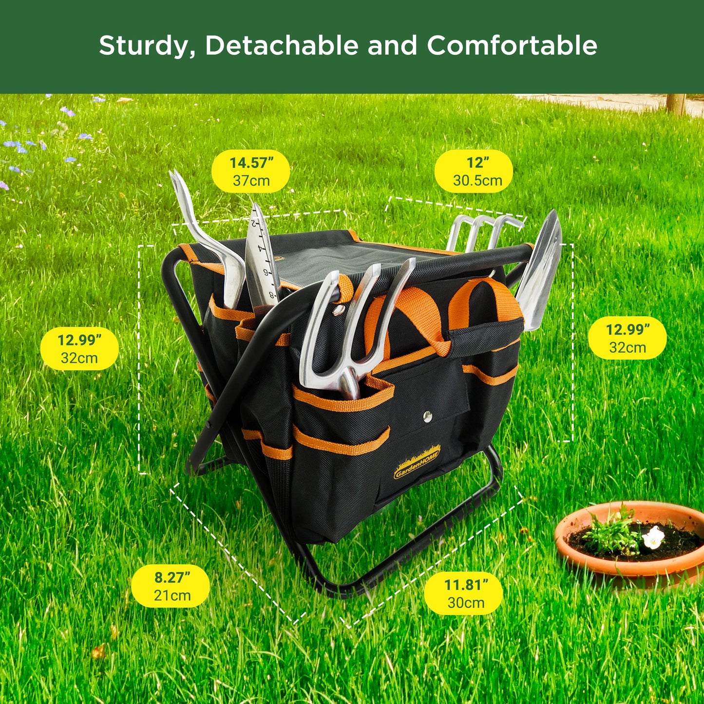 7-Piece Stainless Steel Gardening Tool Set with Foldable Stool and Detachable Carrying Bag – Orange