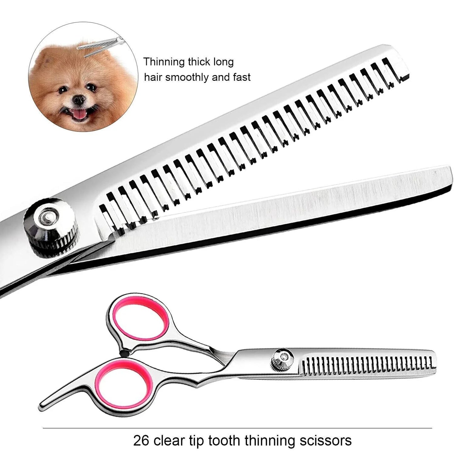 Professional Pet Grooming Scissors Kit – Straight, Curved, Thinning Shears & Comb with Case (Stainless Steel)