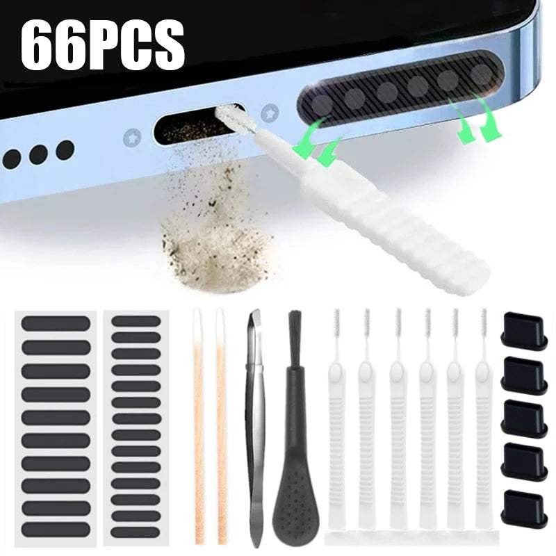 66-Piece Mobile Phone Speaker and Charging Port Cleaning Kit – Dust Plug & Earphone Cleaner Set with Brushes