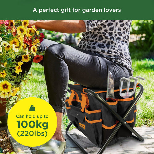 7-Piece Stainless Steel Gardening Tool Set with Foldable Stool and Detachable Carrying Bag – Orange