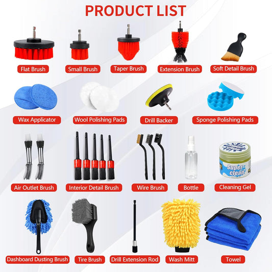 30-Piece Car Detailing Brush Set – Complete Interior & Exterior Cleaning Kit with Drill Brush Attachments