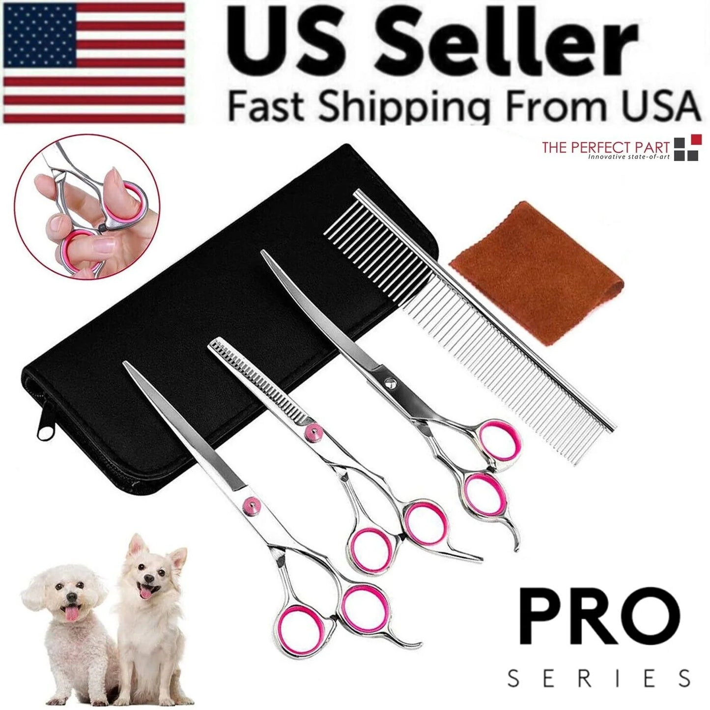 Professional Pet Grooming Scissors Kit – Straight, Curved, Thinning Shears & Comb with Case (Stainless Steel)