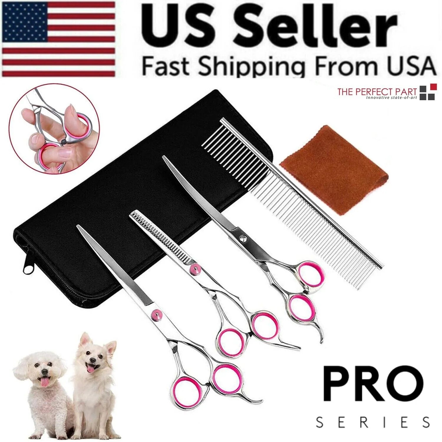 Professional Pet Grooming Scissors Kit – Straight, Curved, Thinning Shears & Comb with Case (Stainless Steel)