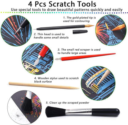 Scratch Art Kit – 12 Rainbow Scratchboard Postcards with 4 Tools, DIY Cityscape Art for Adults & Kids