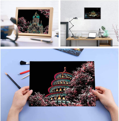 Scratch Art Kit – 12 Rainbow Scratchboard Postcards with 4 Tools, DIY Cityscape Art for Adults & Kids