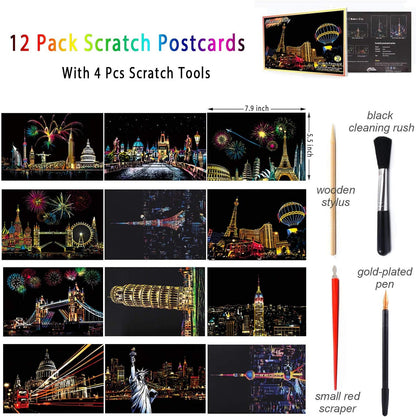 Scratch Art Kit – 12 Rainbow Scratchboard Postcards with 4 Tools, DIY Cityscape Art for Adults & Kids