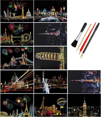 Scratch Art Kit – 12 Rainbow Scratchboard Postcards with 4 Tools, DIY Cityscape Art for Adults & Kids