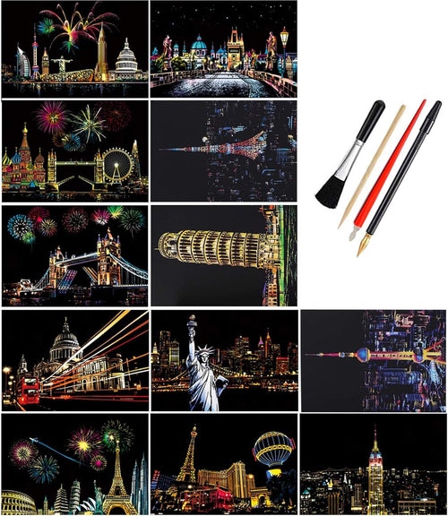 Scratch Art Kit – 12 Rainbow Scratchboard Postcards with 4 Tools, DIY Cityscape Art for Adults & Kids
