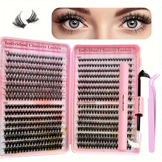 640PCS Eyelash Extension Kit – D Curl Lash Clusters (9–16mm) with Bond & Seal, Tweezers & Brushes